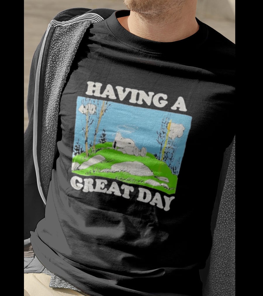 Snoopy Having A Great Day Relaxing On The Green Hill With Blue Sky And Clouds T-Shirt