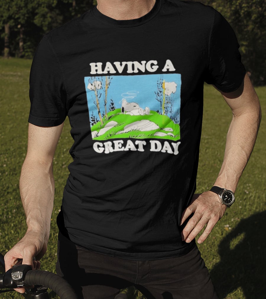 Snoopy Having A Great Day Relaxing On The Green Hill With Blue Sky And Clouds T-Shirt