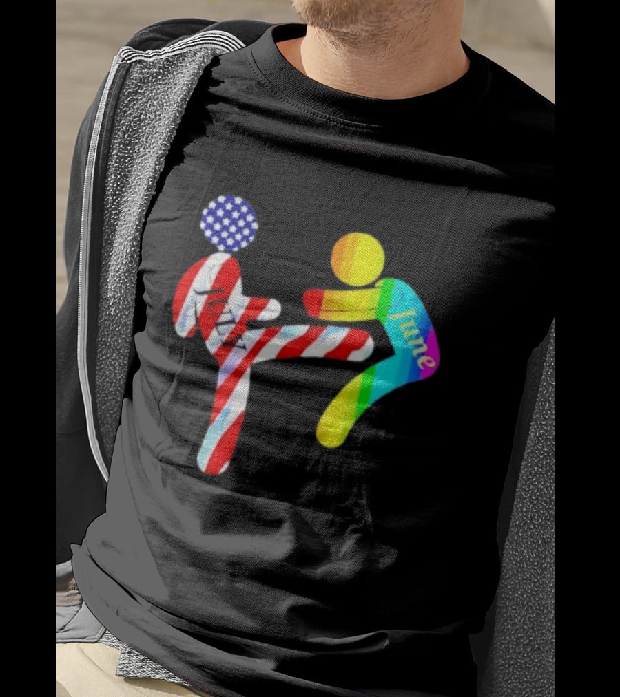 July Independence Kick With June Pride Month Rainbow Flag USA Stars And Stripes T-Shirt