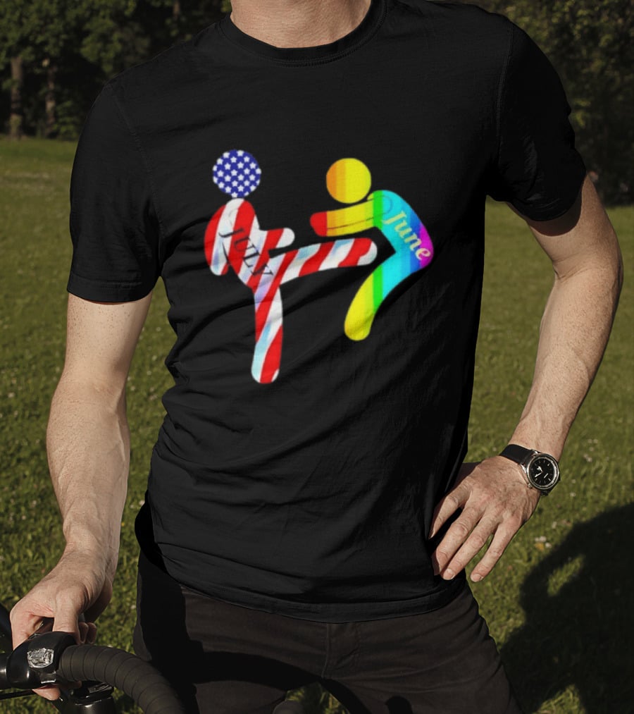 July Independence Kick With June Pride Month Rainbow Flag USA Stars And Stripes T-Shirt
