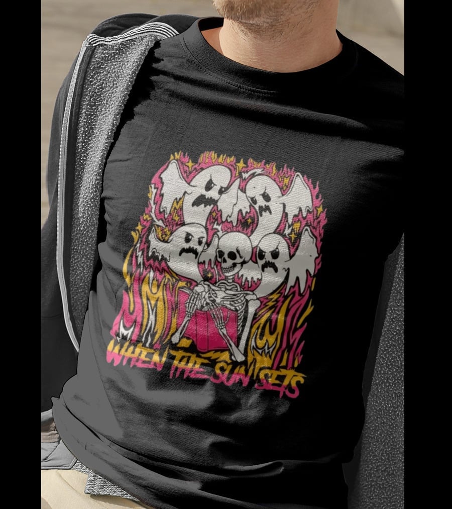 When The Sun Sets Ghost And Skeleton Illustration With Vibrant Pink And Yellow Flames T-Shirt