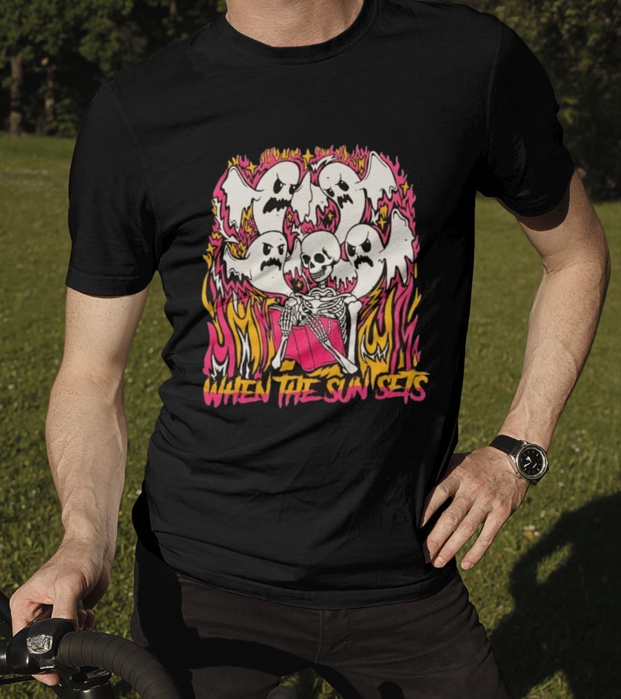 When The Sun Sets Ghost And Skeleton Illustration With Vibrant Pink And Yellow Flames T-Shirt