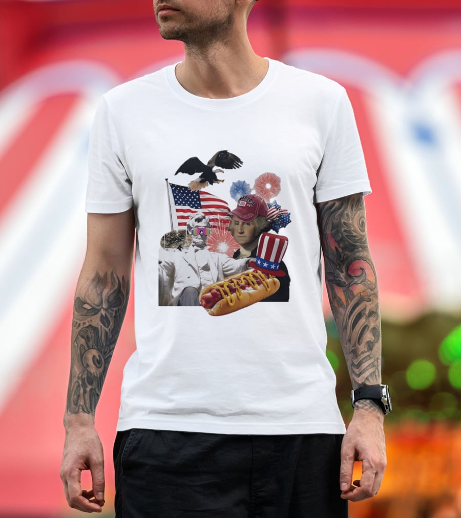 Merica Abraham Lincoln George Washington Hot Dog Eagle Fireworks Patriotic Celebration T-Shirt