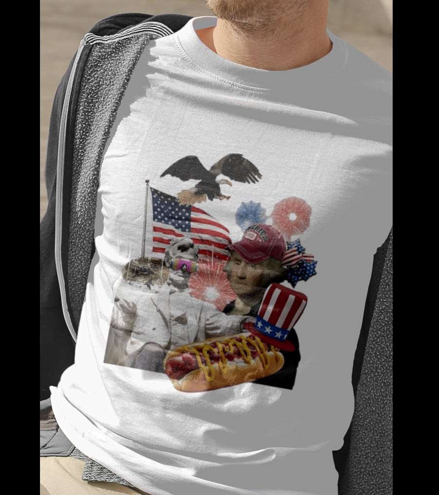 Merica Abraham Lincoln George Washington Hot Dog Eagle Fireworks Patriotic Celebration T-Shirt