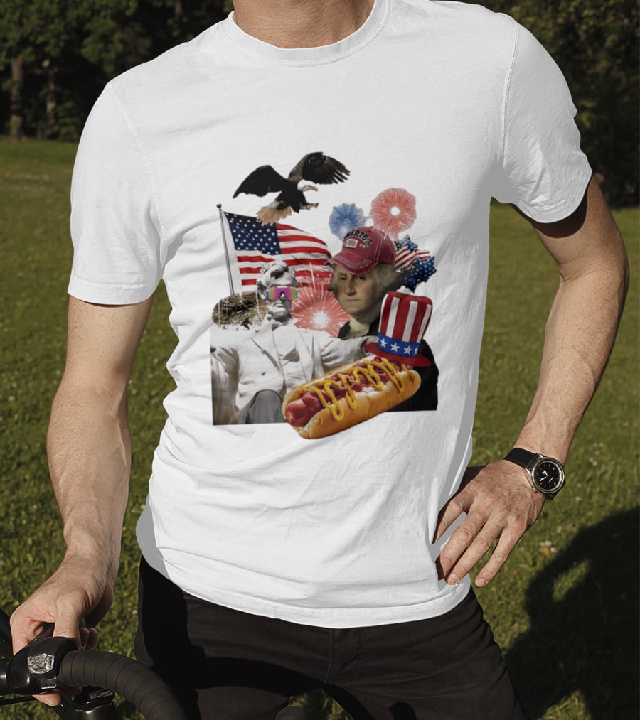 Merica Abraham Lincoln George Washington Hot Dog Eagle Fireworks Patriotic Celebration T-Shirt