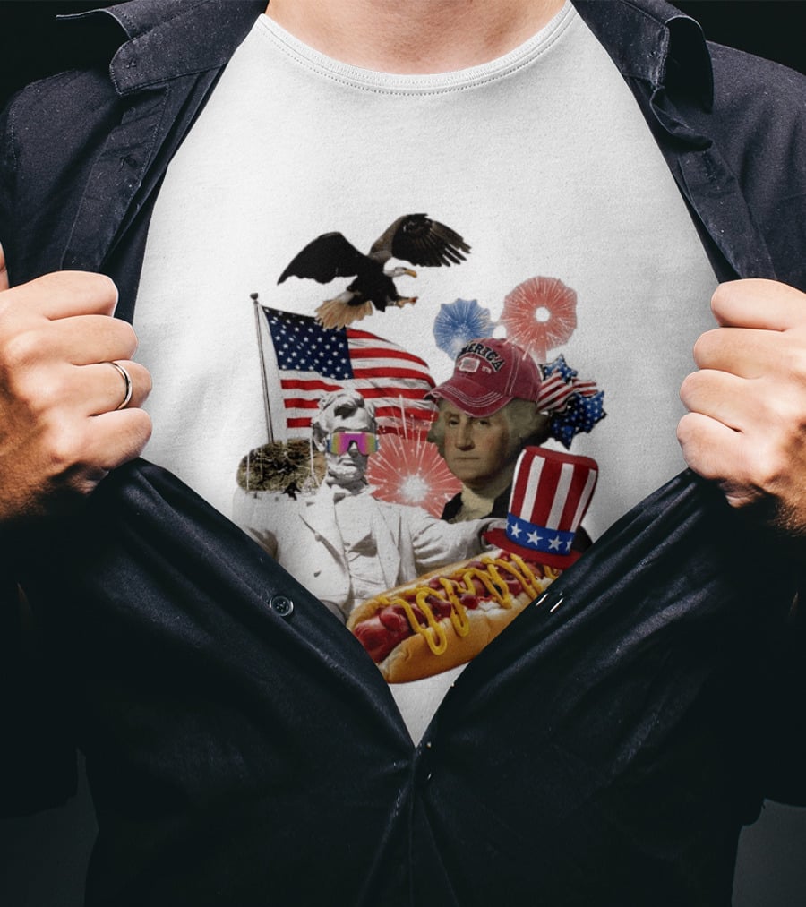 Merica Abraham Lincoln George Washington Hot Dog Eagle Fireworks Patriotic Celebration T-Shirt