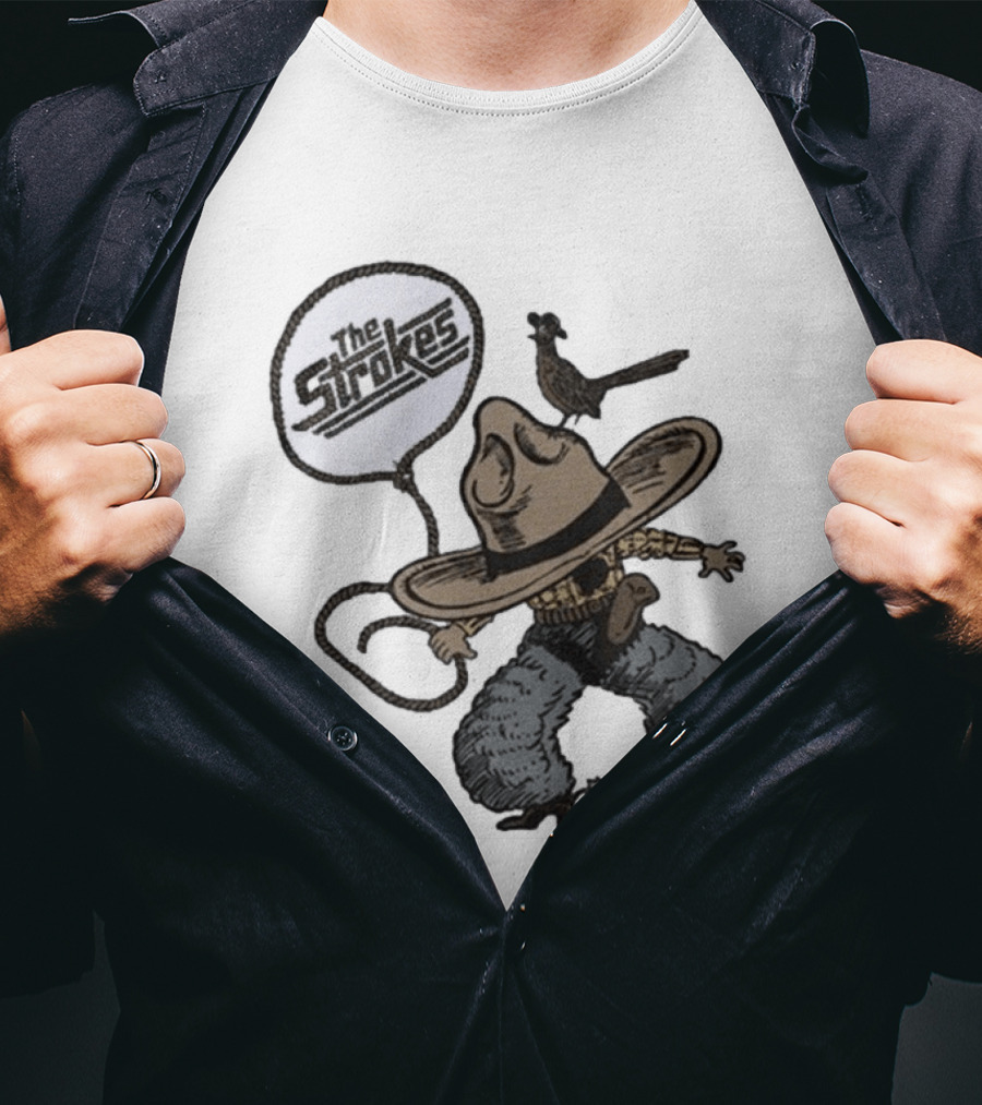 The Strokes Tour 2026 Illustrated Cowboy Holding Lasso With Bird And Cowboy Hat T-Shirt
