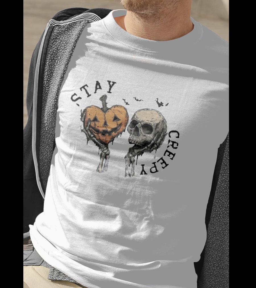 Stay Creepy Pumpkin Skull Halloween Spooky Skeleton Hands T-Shirt