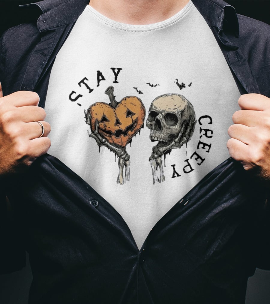 Stay Creepy Pumpkin Skull Halloween Spooky Skeleton Hands T-Shirt