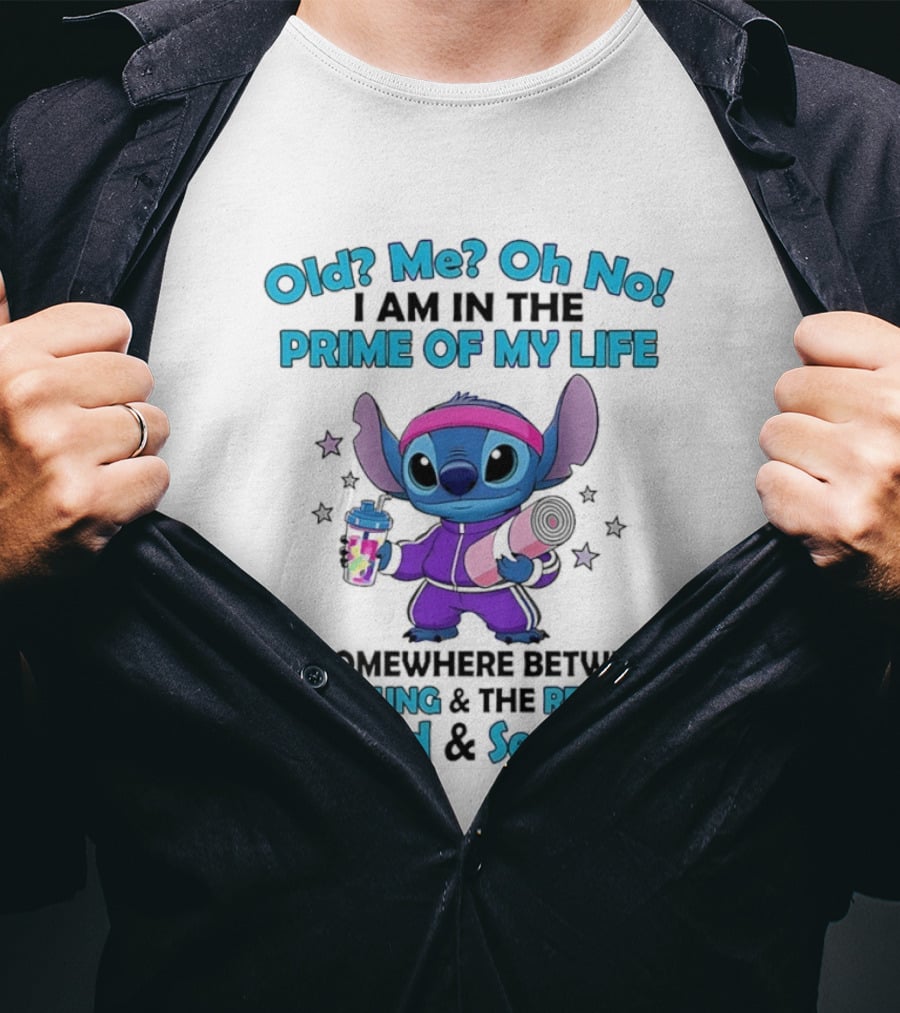 Old Me Oh No I Am In The Prime Of My Life Stitch Somewhere Between Young Restless Old Senseless T-Shirt