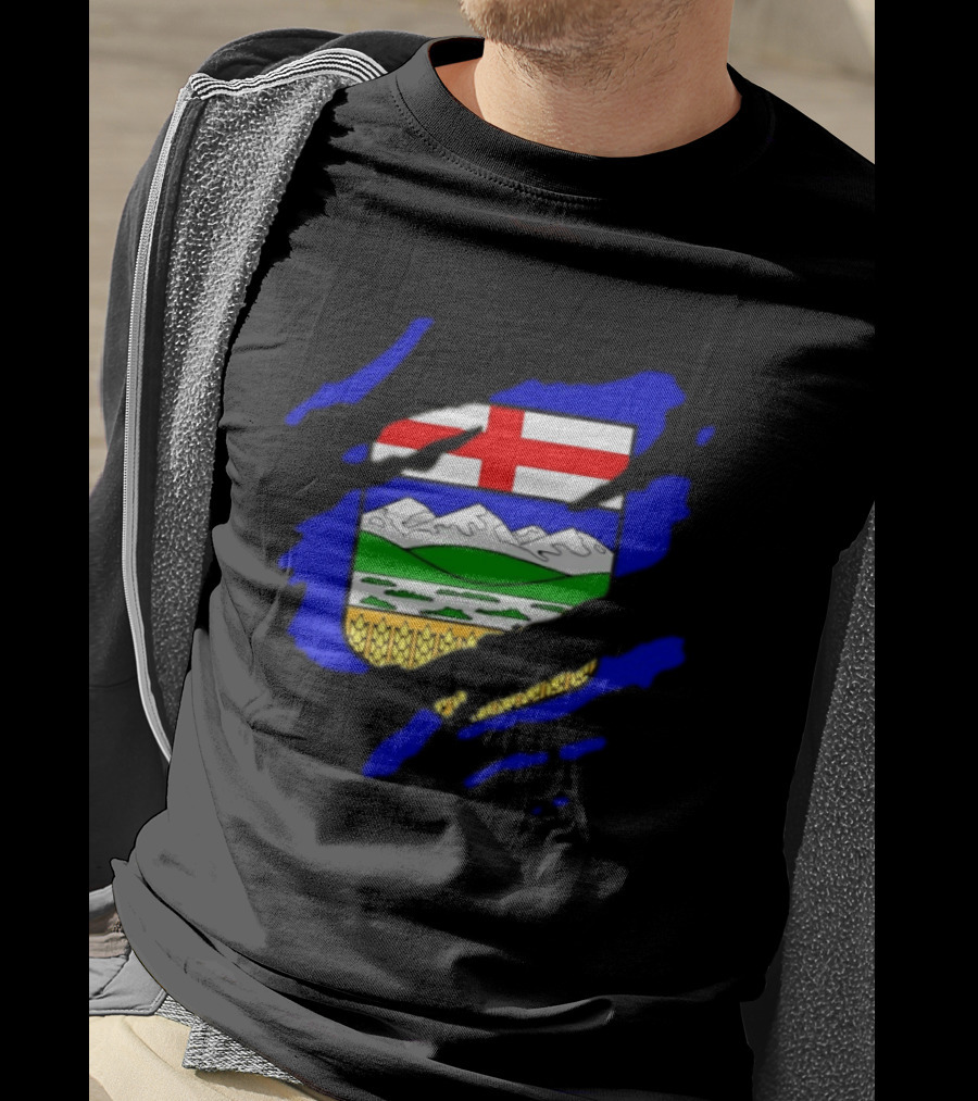Alberta Coat Of Arms Ripped Effect Canada Flag Emblem Heritage Display T-Shirt