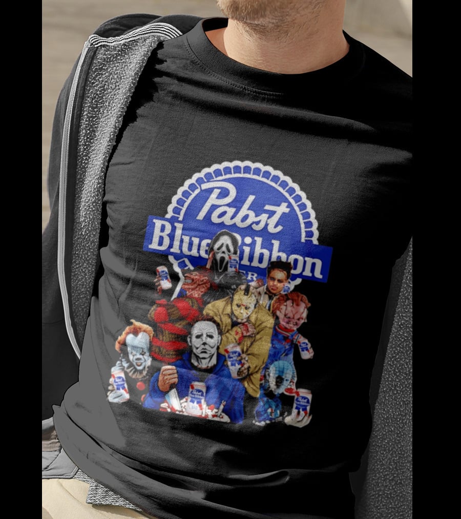 Pabst Blue Ribbon Horror Movie Characters Drinking Beer T-Shirt