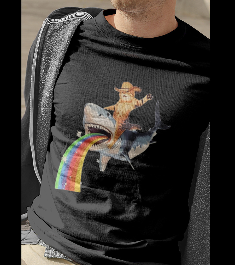 Cowboy Cat Riding Shark With Rainbow T-Shirt