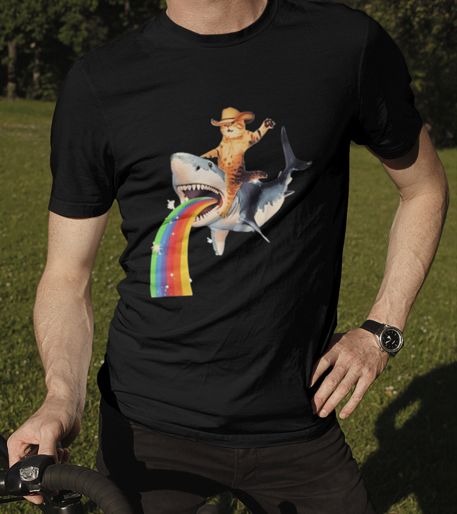 Cowboy Cat Riding Shark With Rainbow T-Shirt