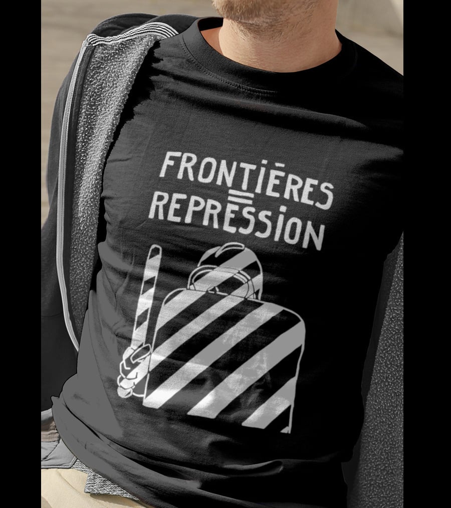 Frontieres Repression Protest Symbolism Bold Font White Stripes T-Shirt