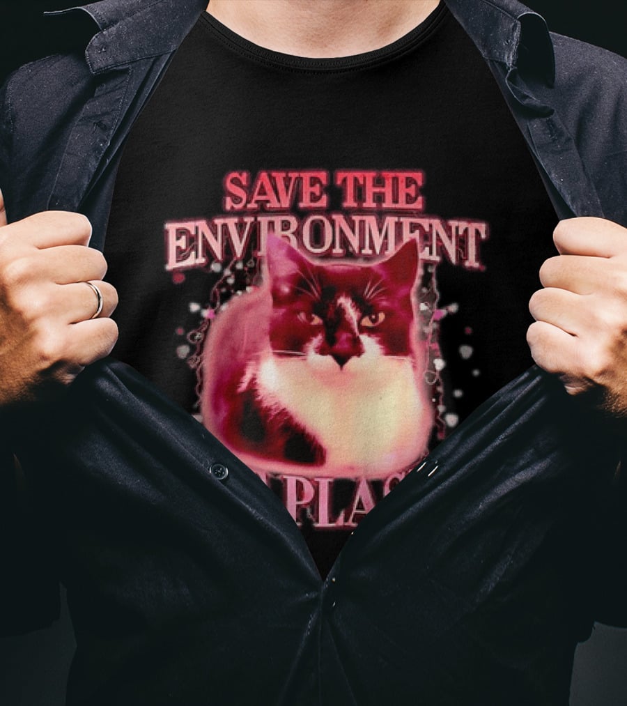 Save The Environment Eat Plastic Cat Humor T-Shirt