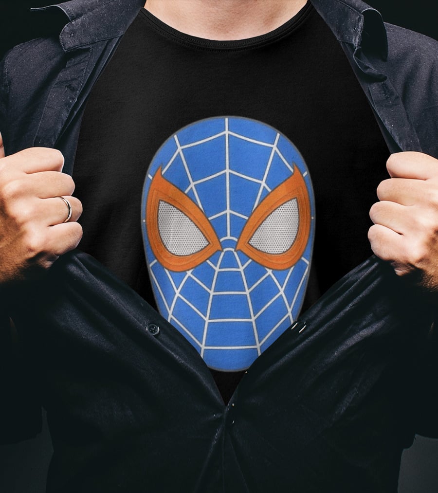 Spidey Spider Man Blue Mask With Orange Eyes And Web T-Shirt