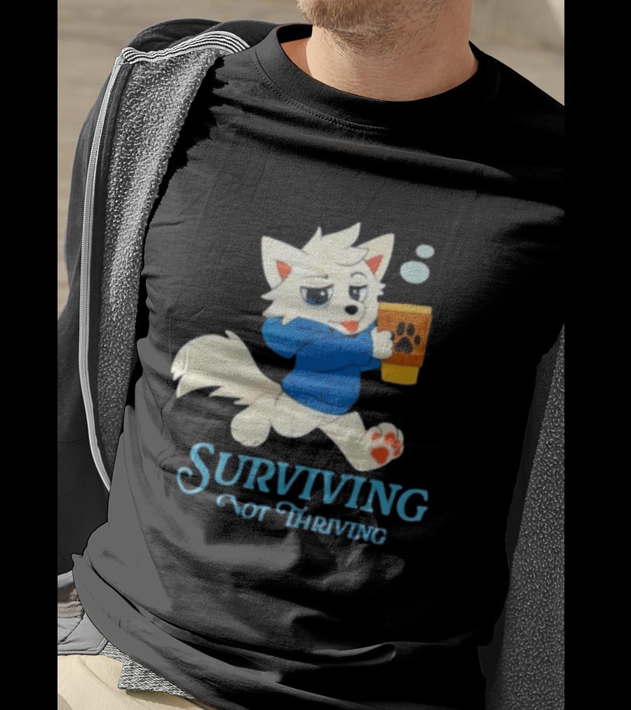 Surviving Not Thriving Cute Fox Coffee Paw Print T-Shirt