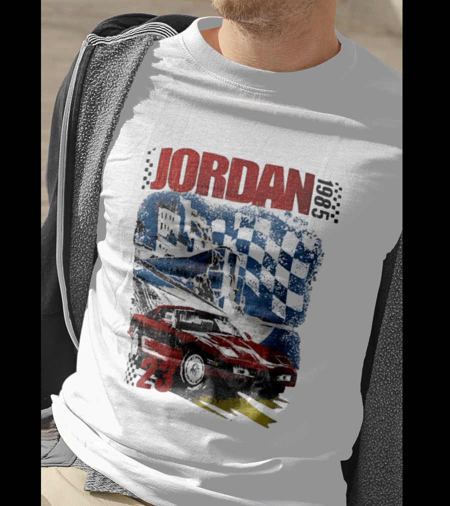 Jordan 23 Racing Brooklyn 1985 Checkered Red Sports Car Blue Flag T-Shirt