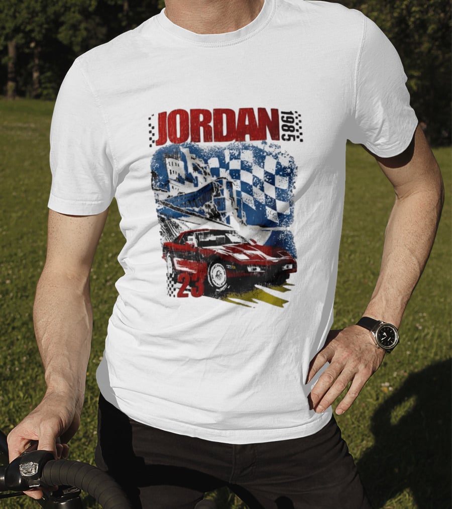 Jordan 23 Racing Brooklyn 1985 Checkered Red Sports Car Blue Flag T-Shirt