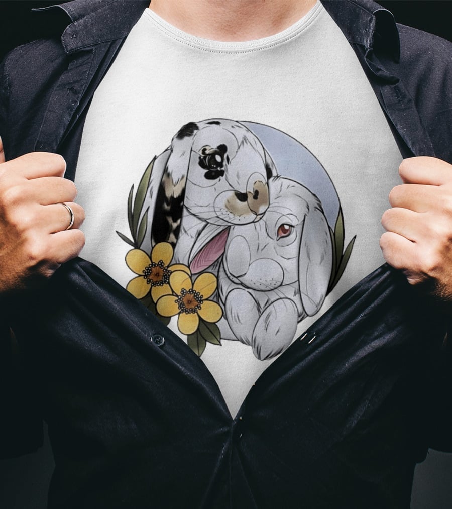 Clement Rabbit Rescue Bunnies With Yellow Flowers Wildlife Charm T-Shirt