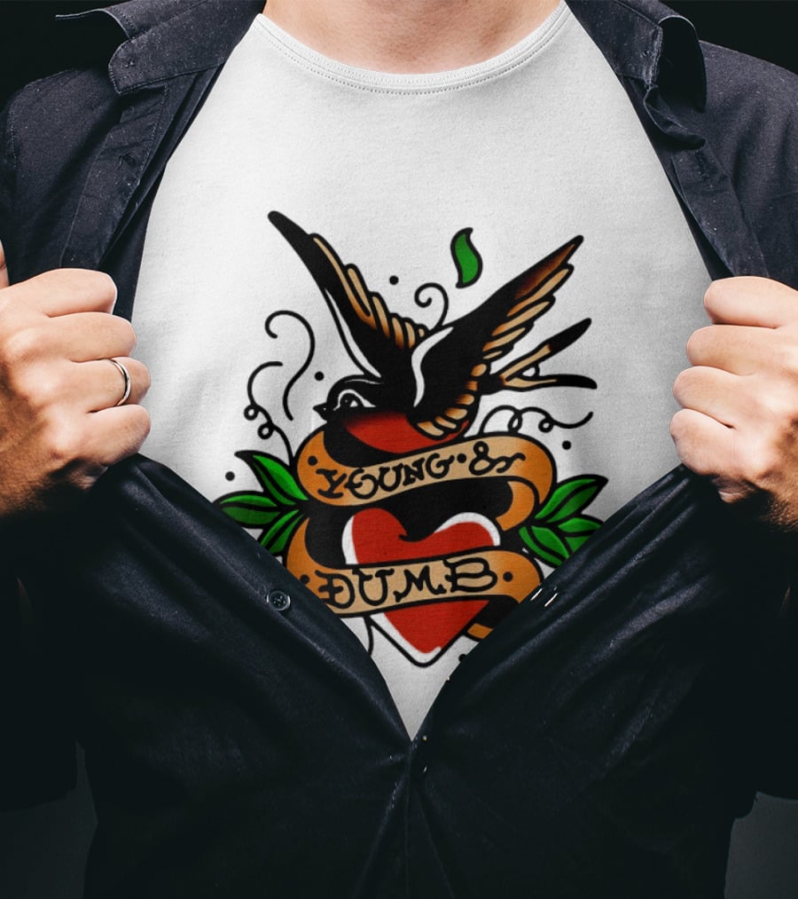 Young And Dumb Swallow Heart Tattoo Vintage Style With Banner And Leaves T-Shirt