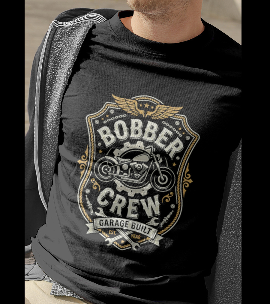 Bobber Crew Garage Built Motorcycle Biker Shield T-Shirt