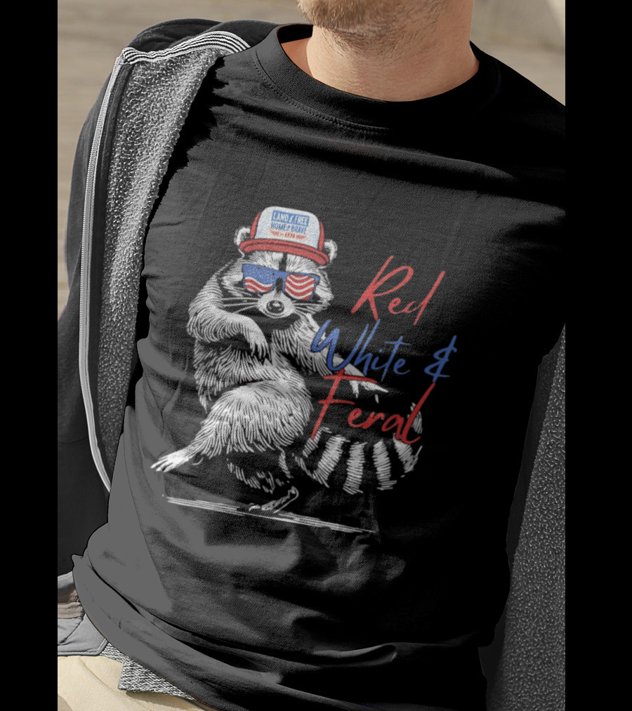 Red White Feral Raccoon Land Of The Free Home Brave 1776 Patriotic USA T-Shirt