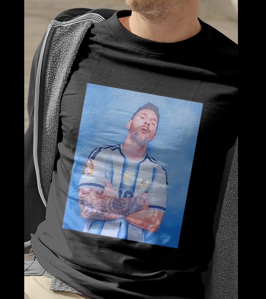 Lionel Messi With Argentina National Team Badge In Blue And White Stripes T-Shirt