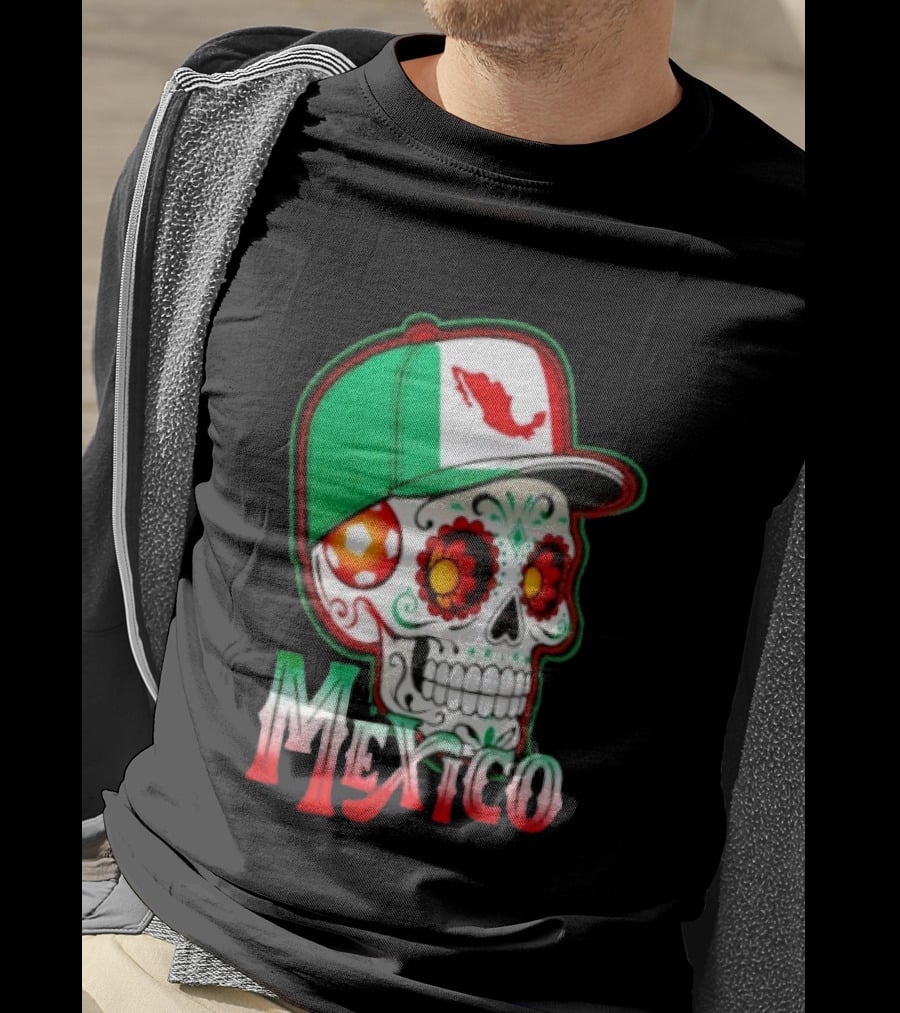 Mexico Sugar Skull Hat Map T-Shirt