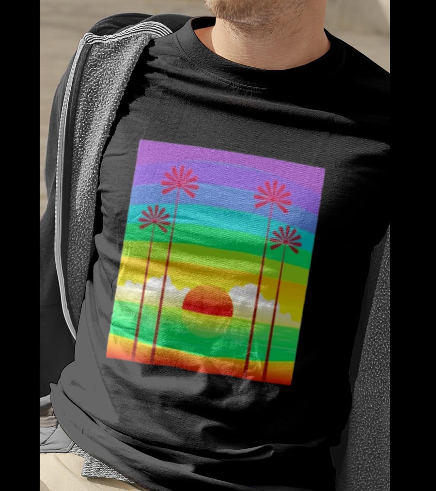 Sunset With Palm Trees And Rainbow Summer Scene T-Shirt