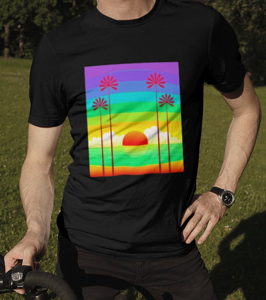 Sunset With Palm Trees And Rainbow Summer Scene T-Shirt