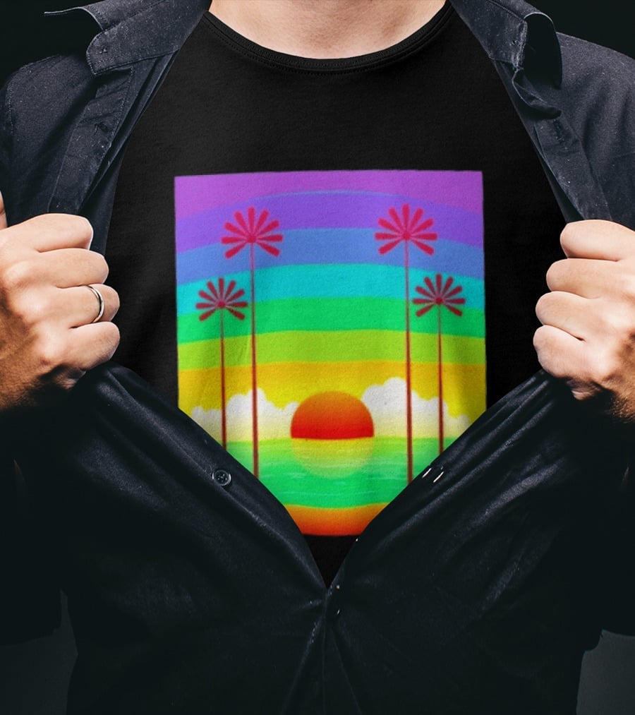 Sunset With Palm Trees And Rainbow Summer Scene T-Shirt