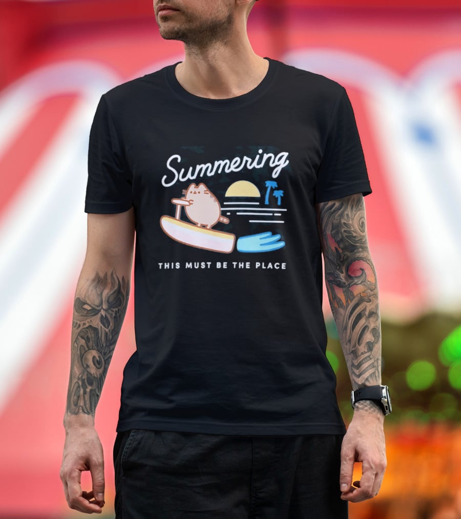 Summering This Must Be The Place Pusheen Surfing Cat Scene T-Shirt