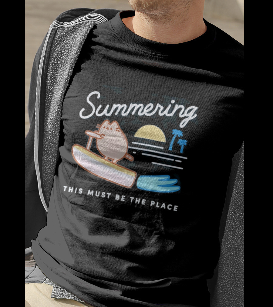 Summering This Must Be The Place Pusheen Surfing Cat Scene T-Shirt