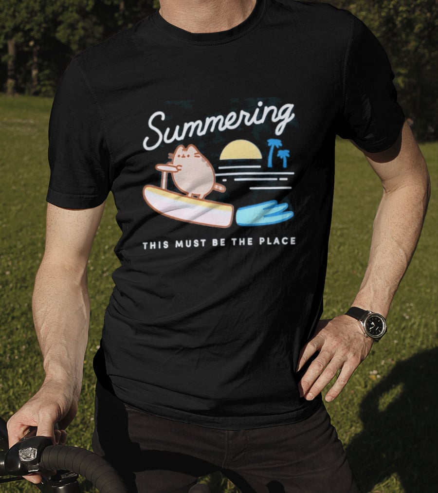 Summering This Must Be The Place Pusheen Surfing Cat Scene T-Shirt
