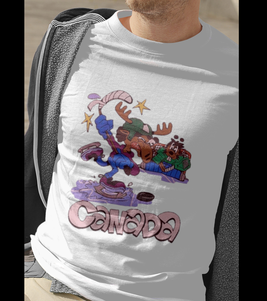 Slushy Noobz Canada Hockey Moose Cartoon Ice Rink Scene T-Shirt