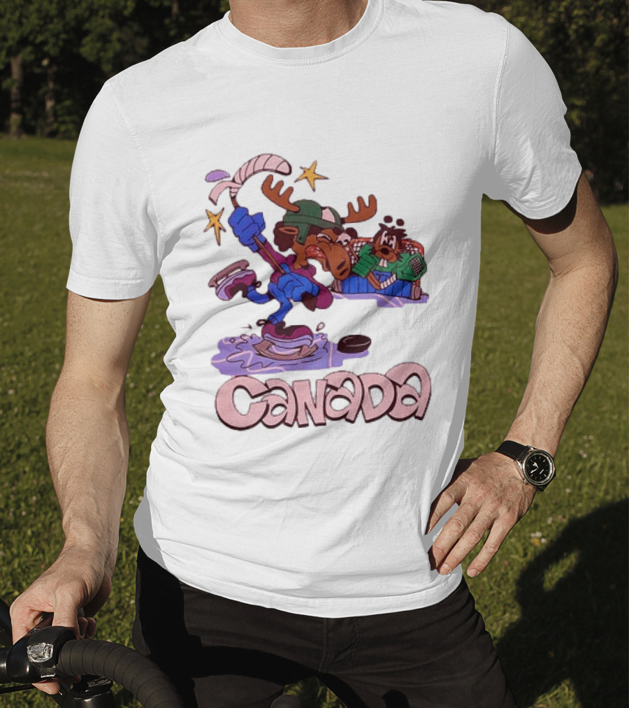 Slushy Noobz Canada Hockey Moose Cartoon Ice Rink Scene T-Shirt