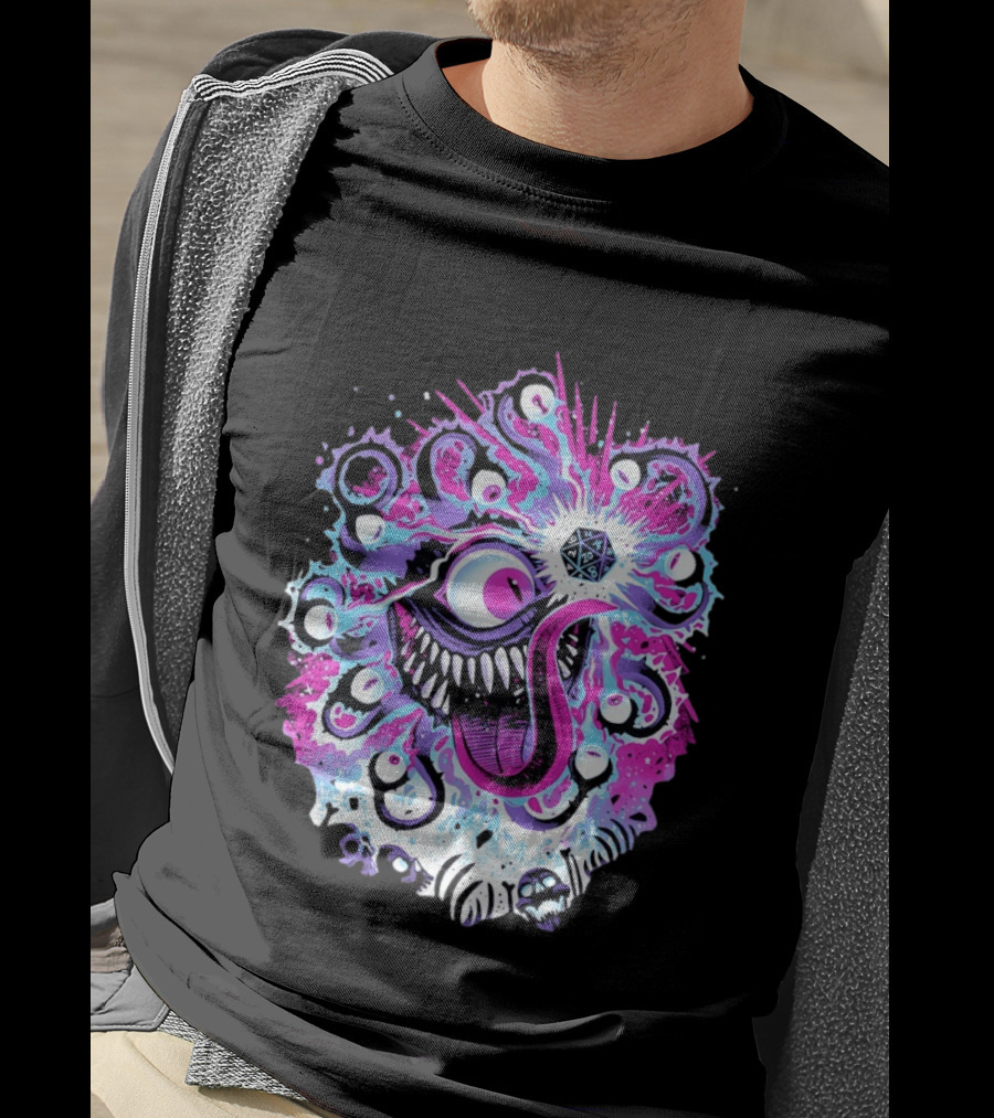 Beholder Dungeons And Dragons Eye Tyrant Illustration With D20 Dice And Psychedelic T-Shirt