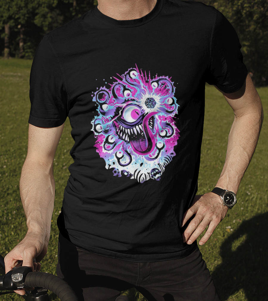 Beholder Dungeons And Dragons Eye Tyrant Illustration With D20 Dice And Psychedelic T-Shirt