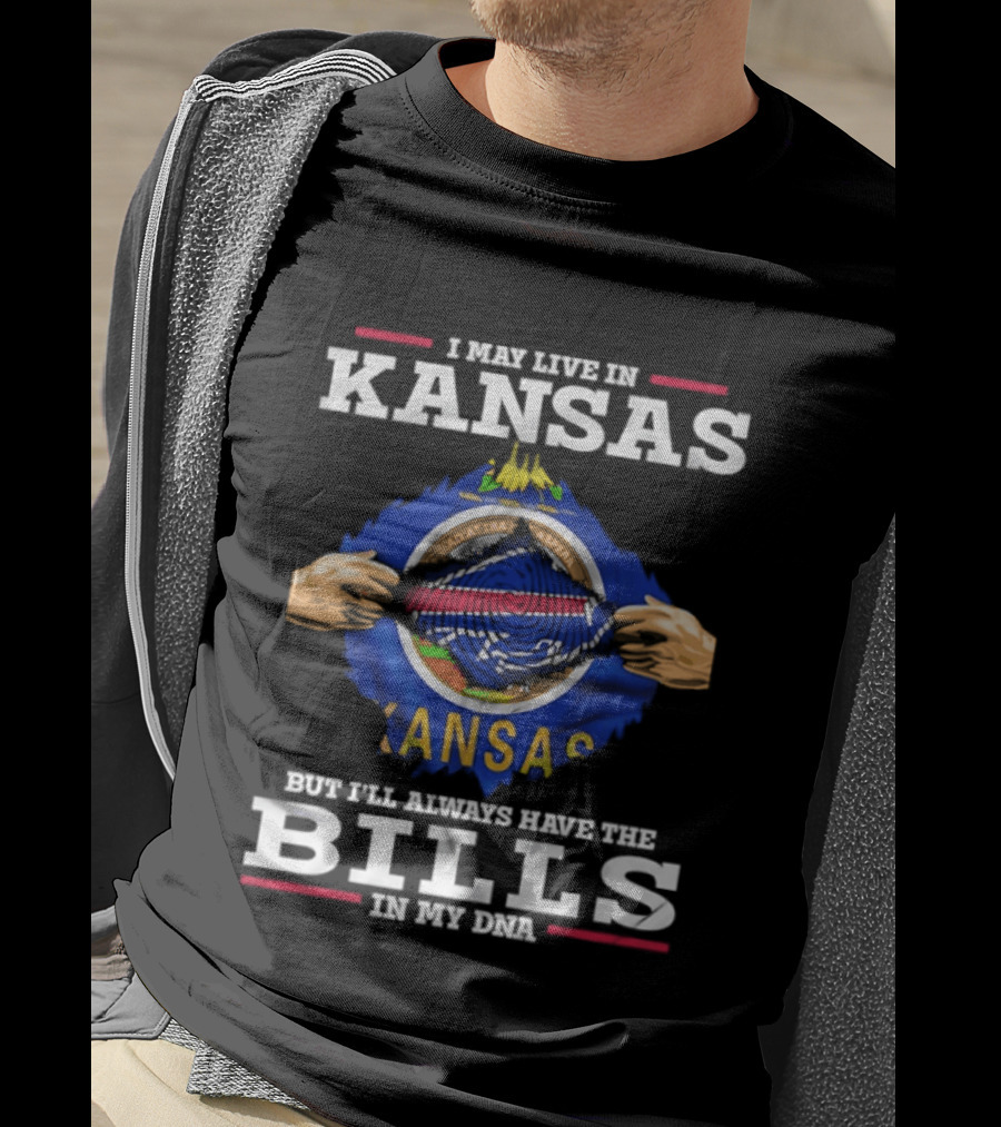 I May Live In Kansas But I'll Always Have The Bills In My DNA Kansas Seal Bills NFL Football T-Shirt