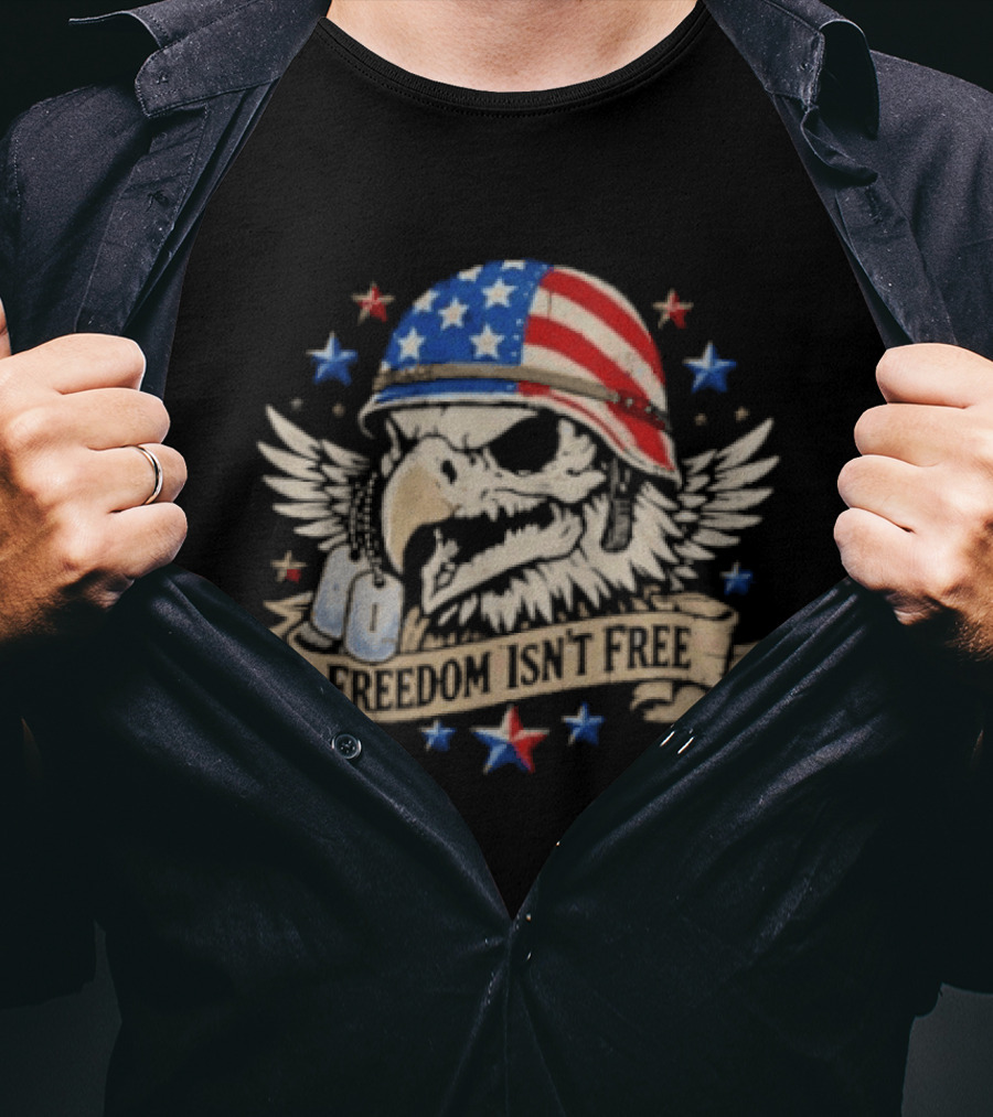 Distressed Eagle Skull Freedom Isn't Free Patriotic American Flag Helmet Stars T-Shirt