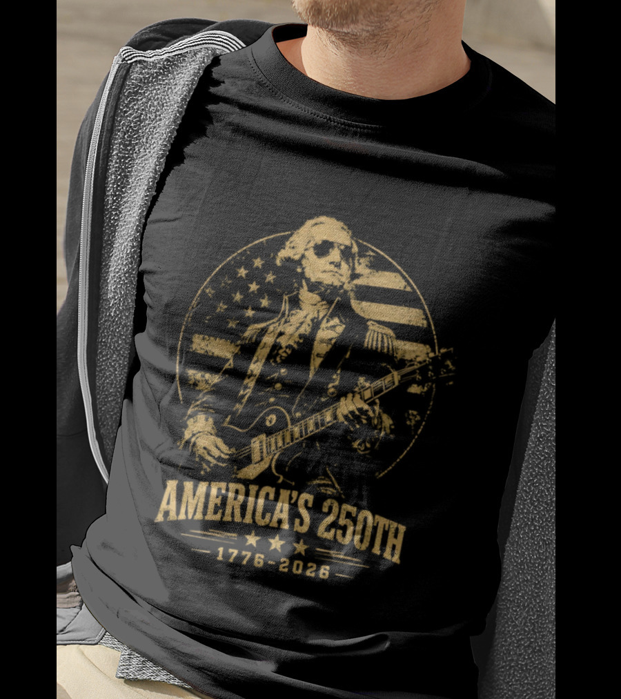 George Washington America's 250th 1776 2026 Rock And Roll Guitar USA Flag T-Shirt