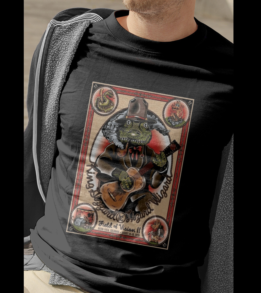 King Gizzard And The Lizard Wizard Field Of Vision II August 14 16 2026 Illustration With Lizard Playing Guitar T-Shirt