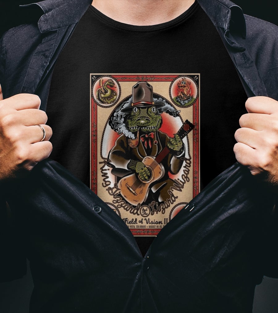 King Gizzard And The Lizard Wizard Field Of Vision II August 14 16 2026 Illustration With Lizard Playing Guitar T-Shirt