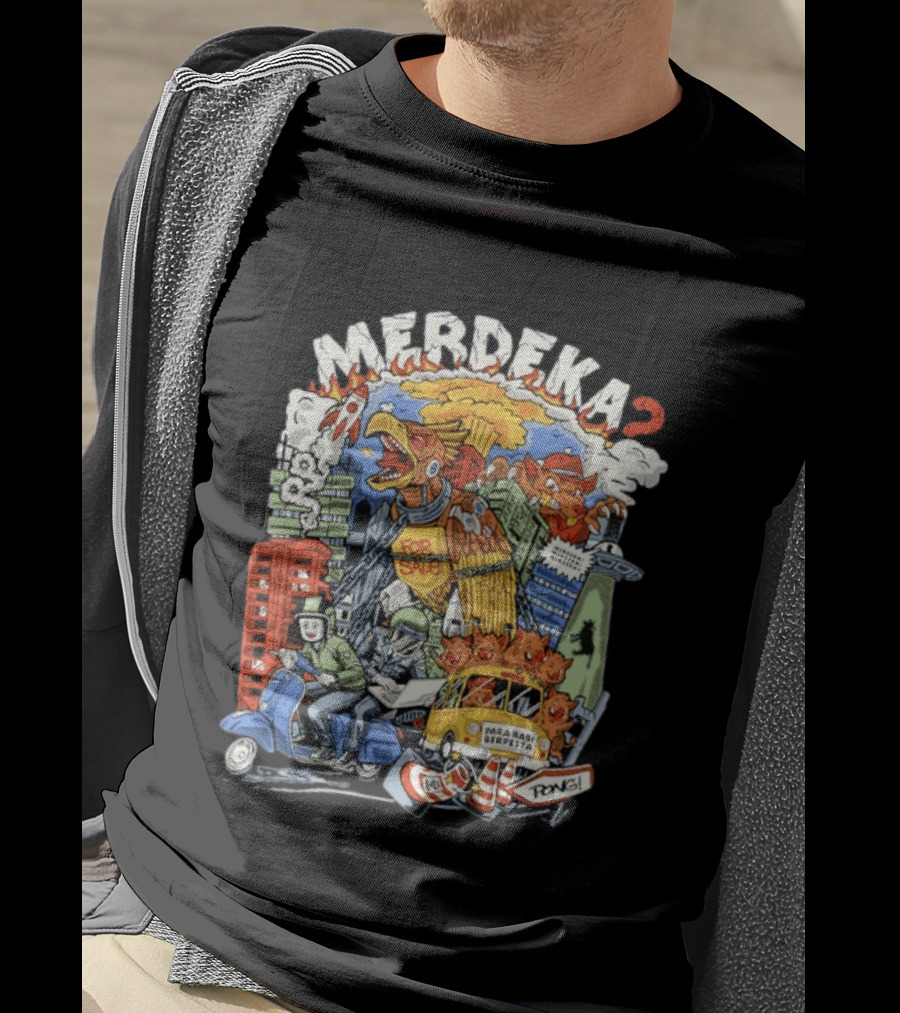 Merdeka Para Babi Berpesta Satire Indonesian Illustration With Cityscape And Mythical Creatures T-Shirt