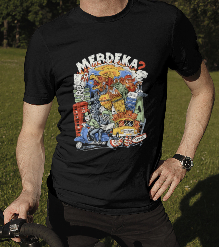Merdeka Para Babi Berpesta Satire Indonesian Illustration With Cityscape And Mythical Creatures T-Shirt