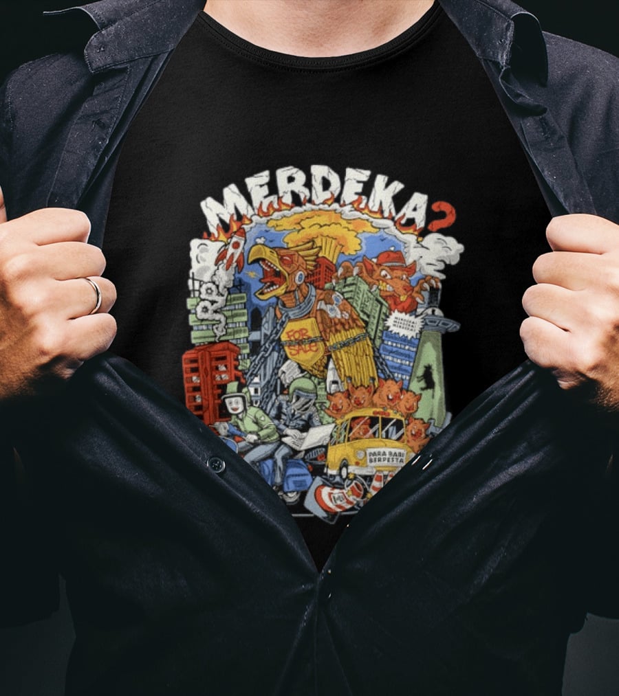 Merdeka Para Babi Berpesta Satire Indonesian Illustration With Cityscape And Mythical Creatures T-Shirt