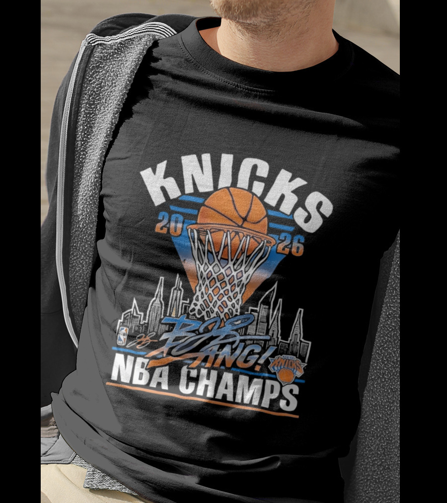 Knicks 2026 NBA Champs Bang NYC Skyline Basketball Net Victory T-Shirt