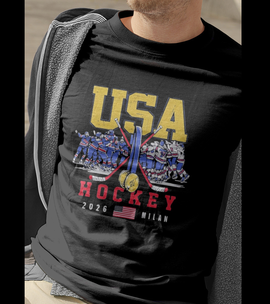 USA Hockey 2026 Milan Gold Medal Celebration Team USA Flag T-Shirt